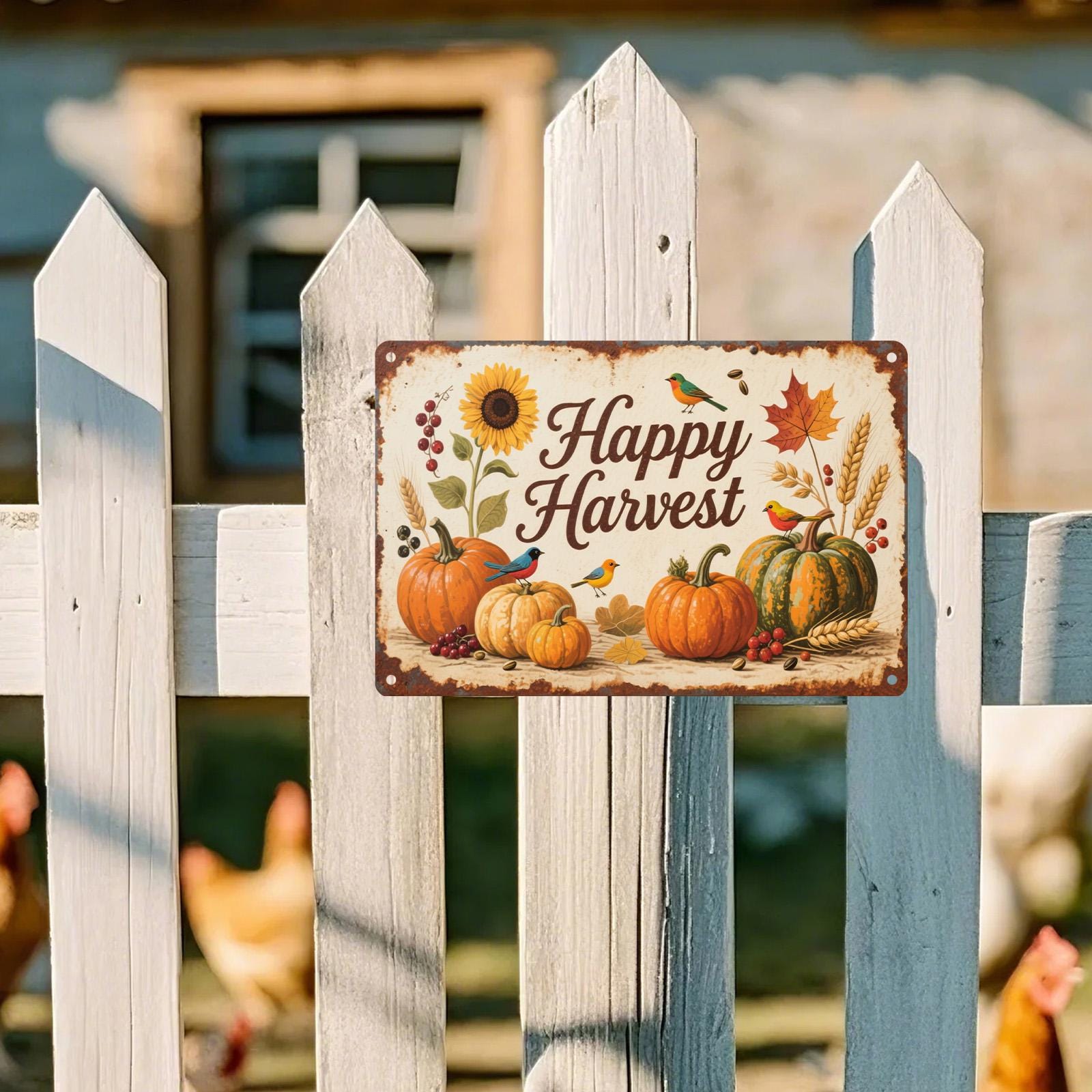 Rustic Harvest Metal Sign: Pumpkins & Sunflowers, Vintage Farmhouse Decor