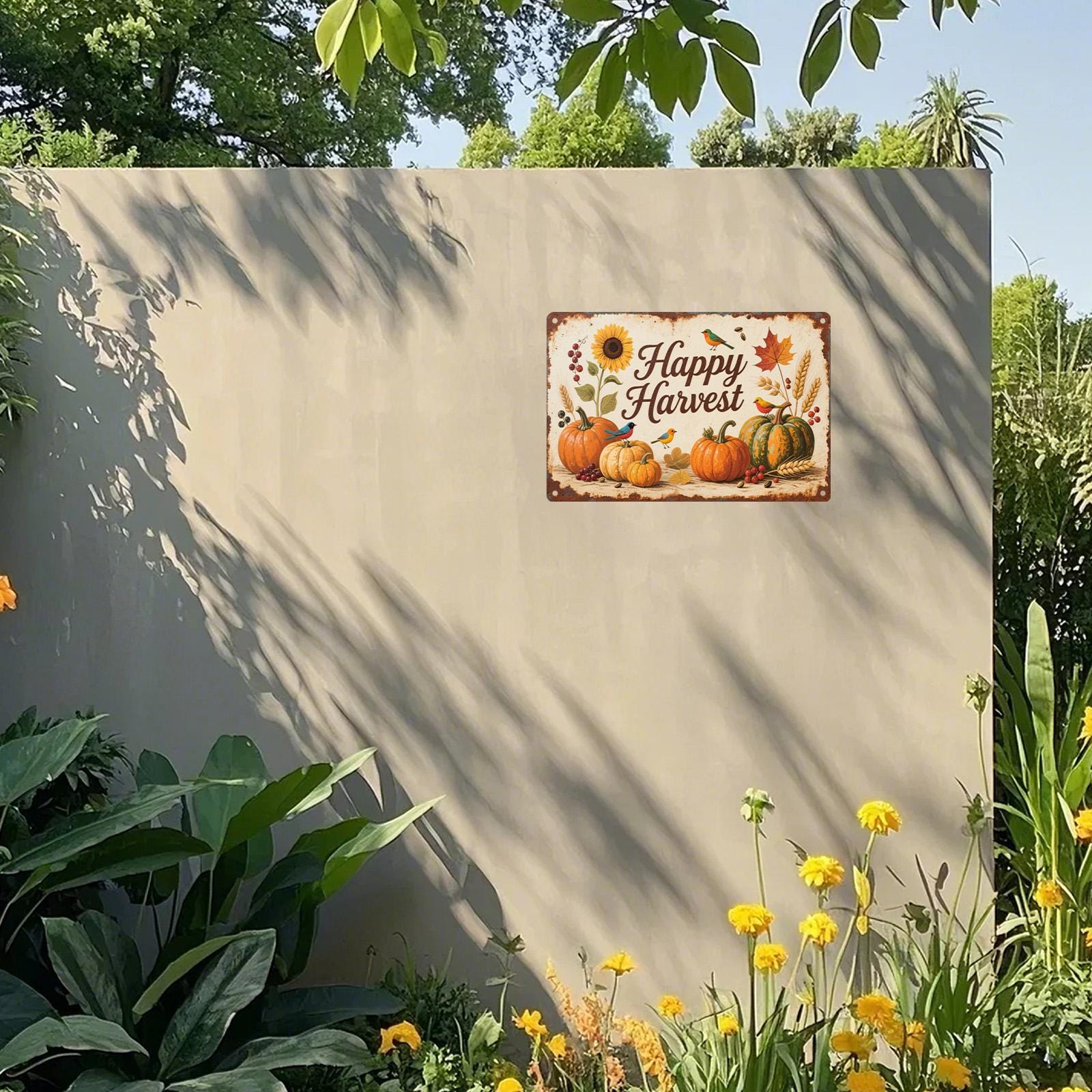 Rustic Harvest Metal Sign: Pumpkins & Sunflowers, Vintage Farmhouse Decor