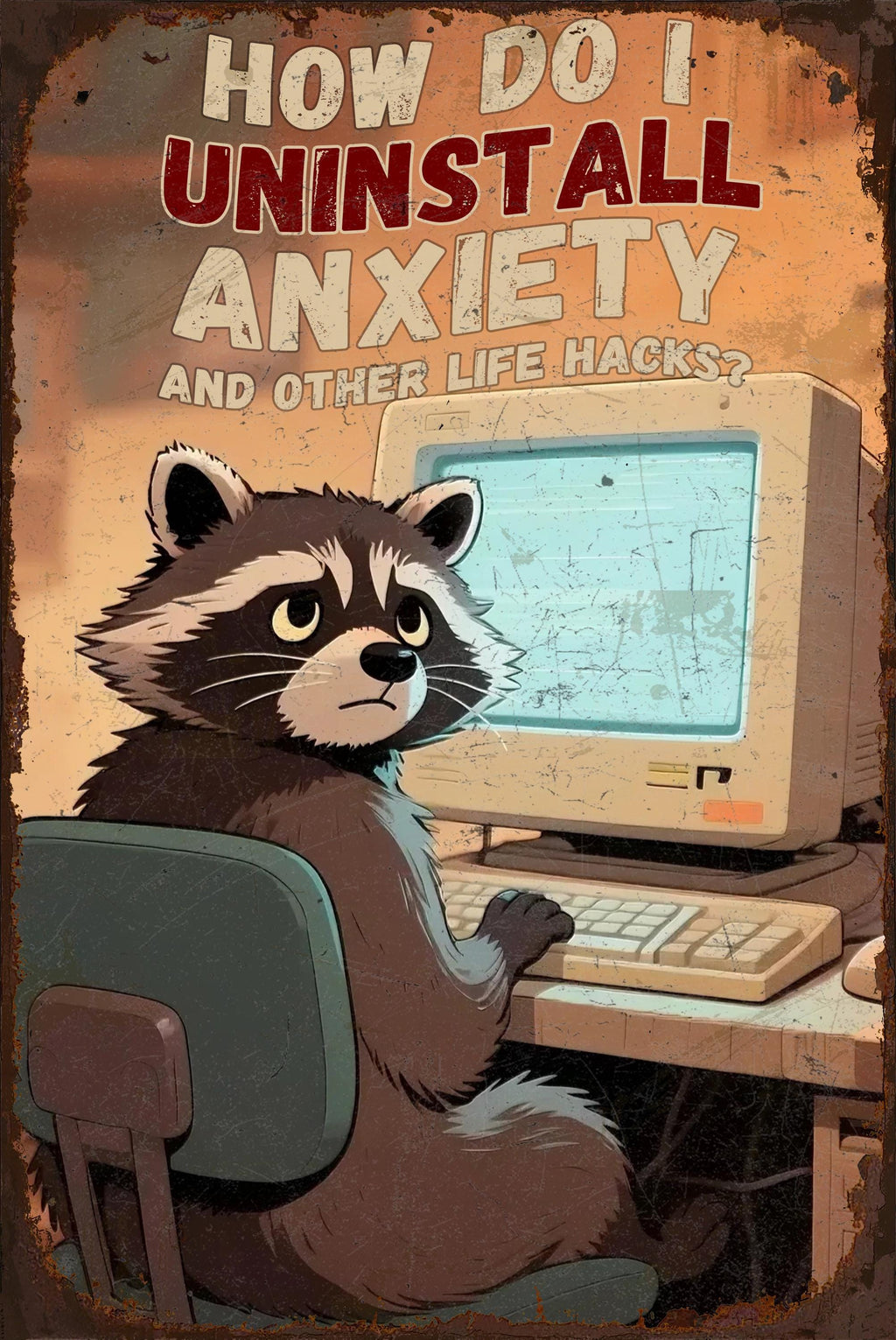 Funny Raccoon Metal Sign: Retro Humor Office Decor, Geek Gift