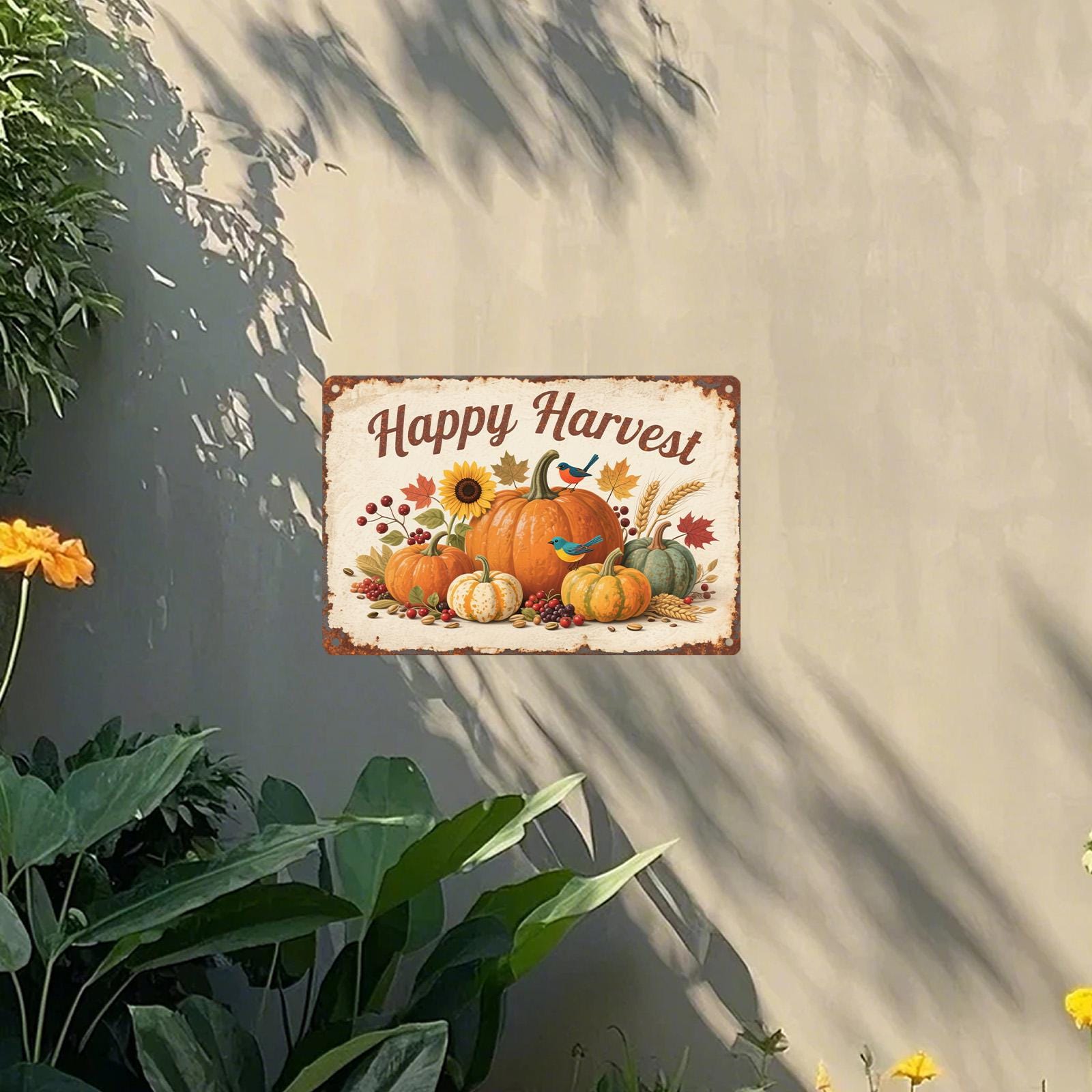 Vintage Happy Harvest Metal Sign: Pumpkins & Sunflowers, Farmhouse Fall Decor