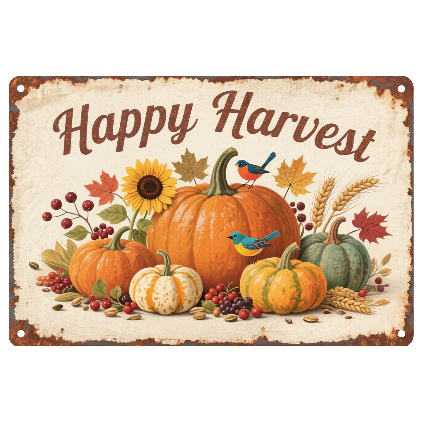 Vintage Happy Harvest Metal Sign: Pumpkins & Sunflowers, Farmhouse Fall Decor