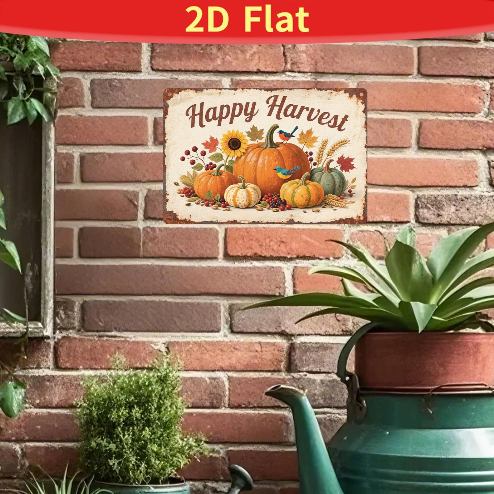 Vintage Happy Harvest Metal Sign: Pumpkins & Sunflowers, Farmhouse Fall Decor