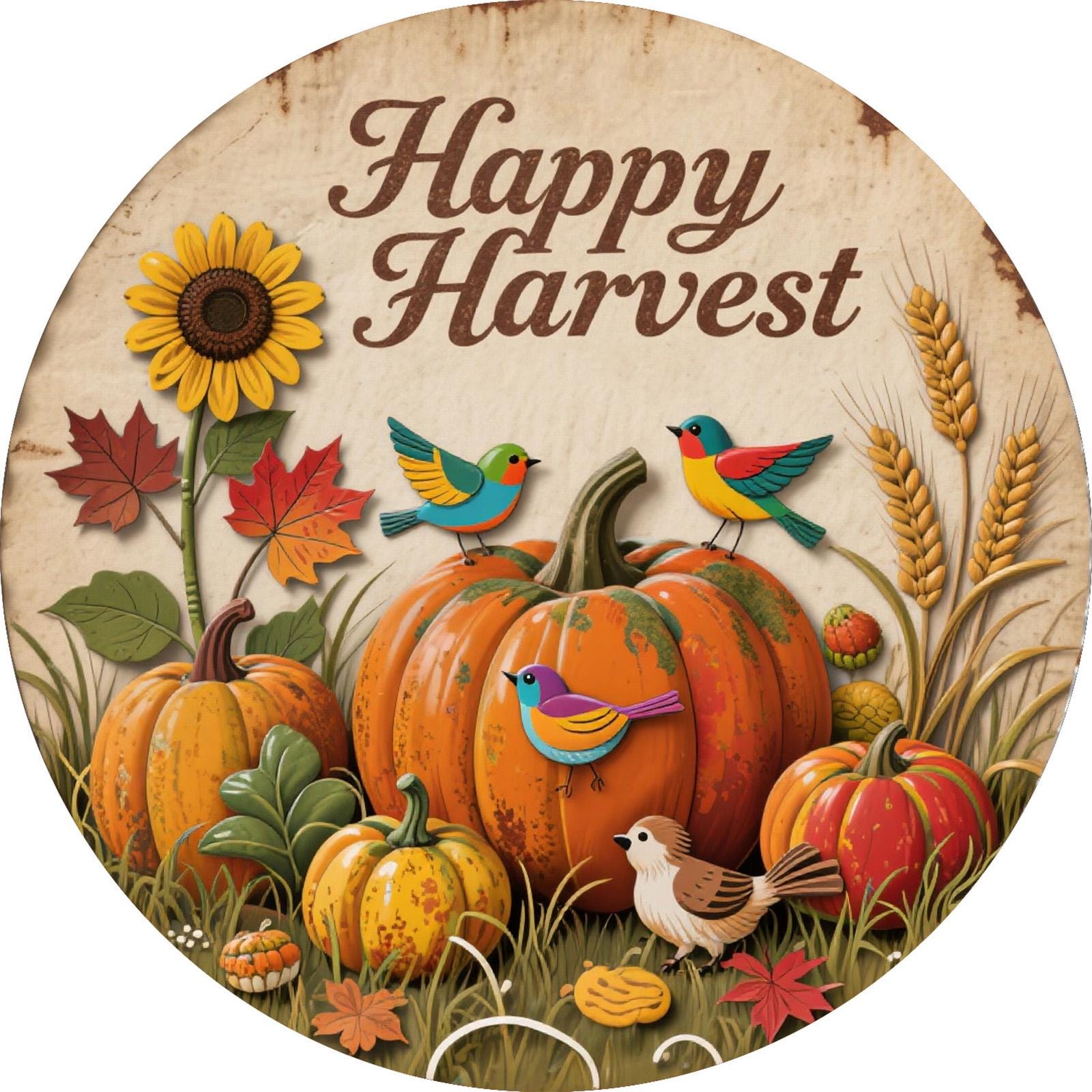 Vintage Happy Harvest Metal Plaque: Rustic Pumpkin & Autumn Decor