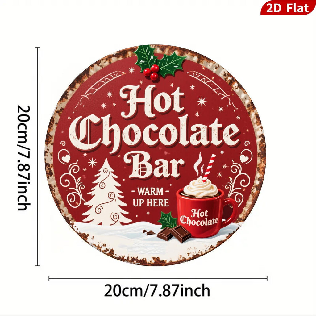 Retro Hot Chocolate Bar Metal Sign: Red & White Christmas Tree Decor