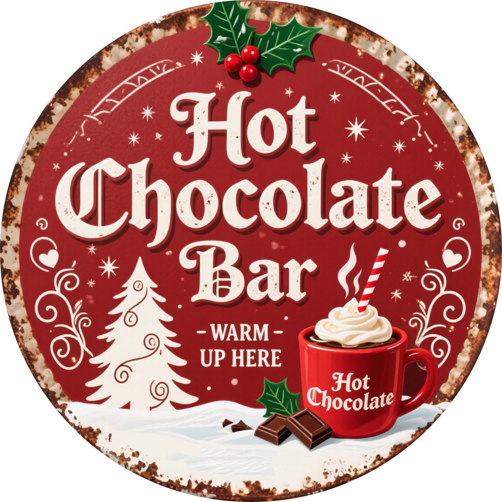 Retro Hot Chocolate Bar Metal Sign: Red & White Christmas Tree Decor