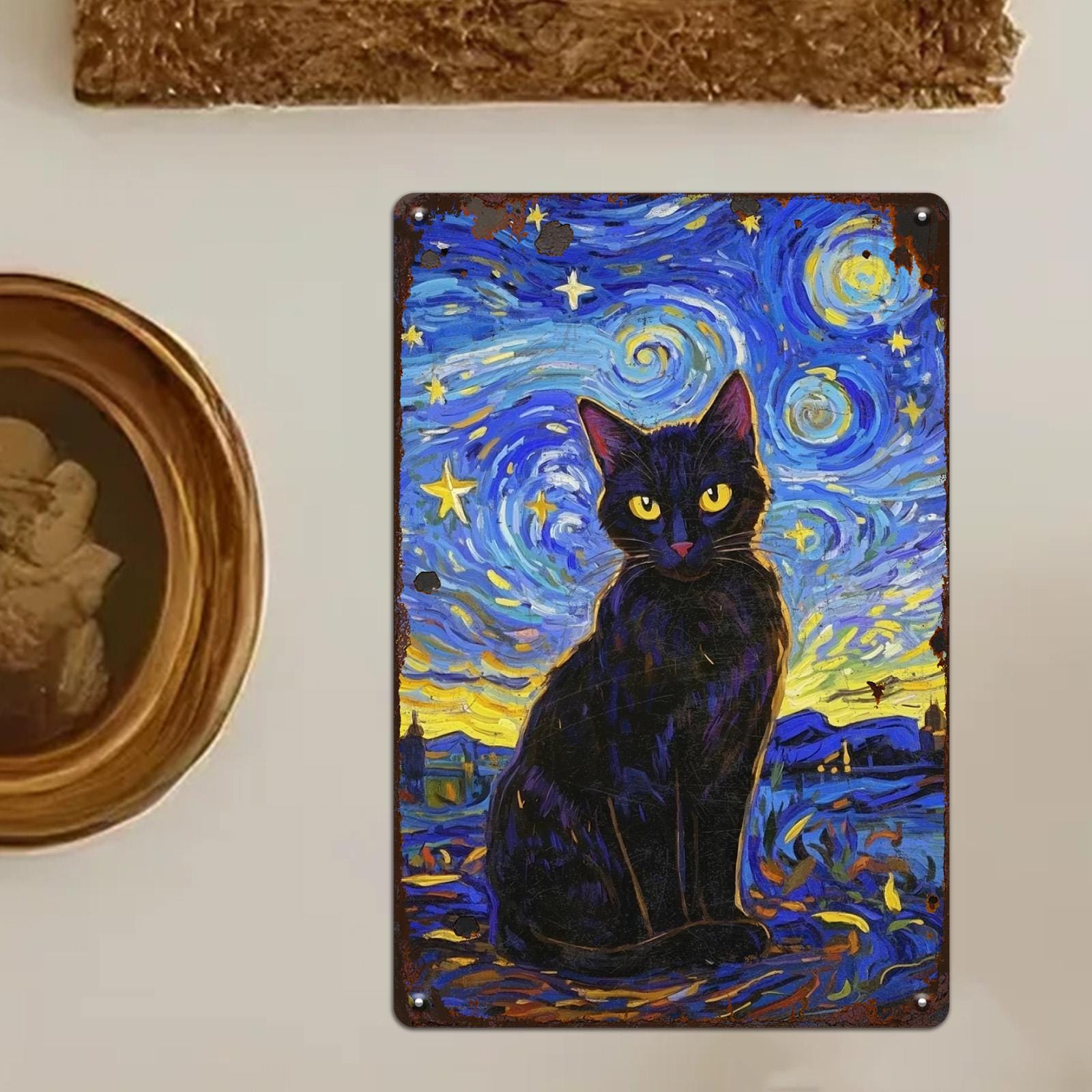 Vintage Starry Night Cat Metal Sign: Van Gogh Style Wall Art