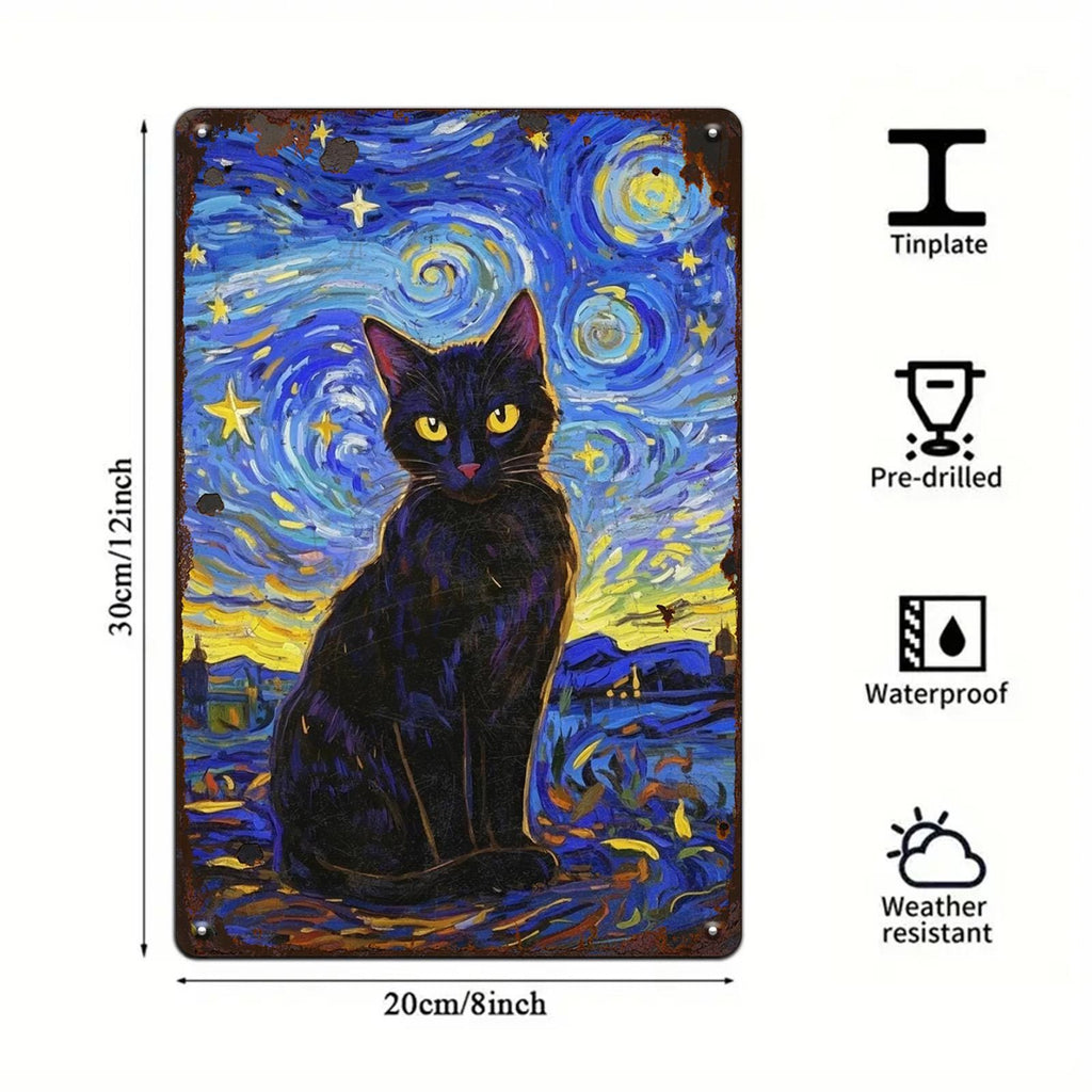 Vintage Starry Night Cat Metal Sign: Van Gogh Style Wall Art