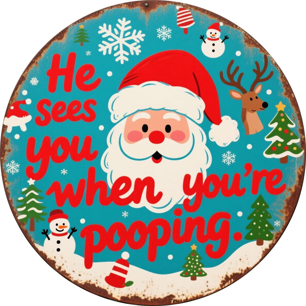 Funny Santa Bathroom Sign: Festive Holiday Metal Wall Art Decor