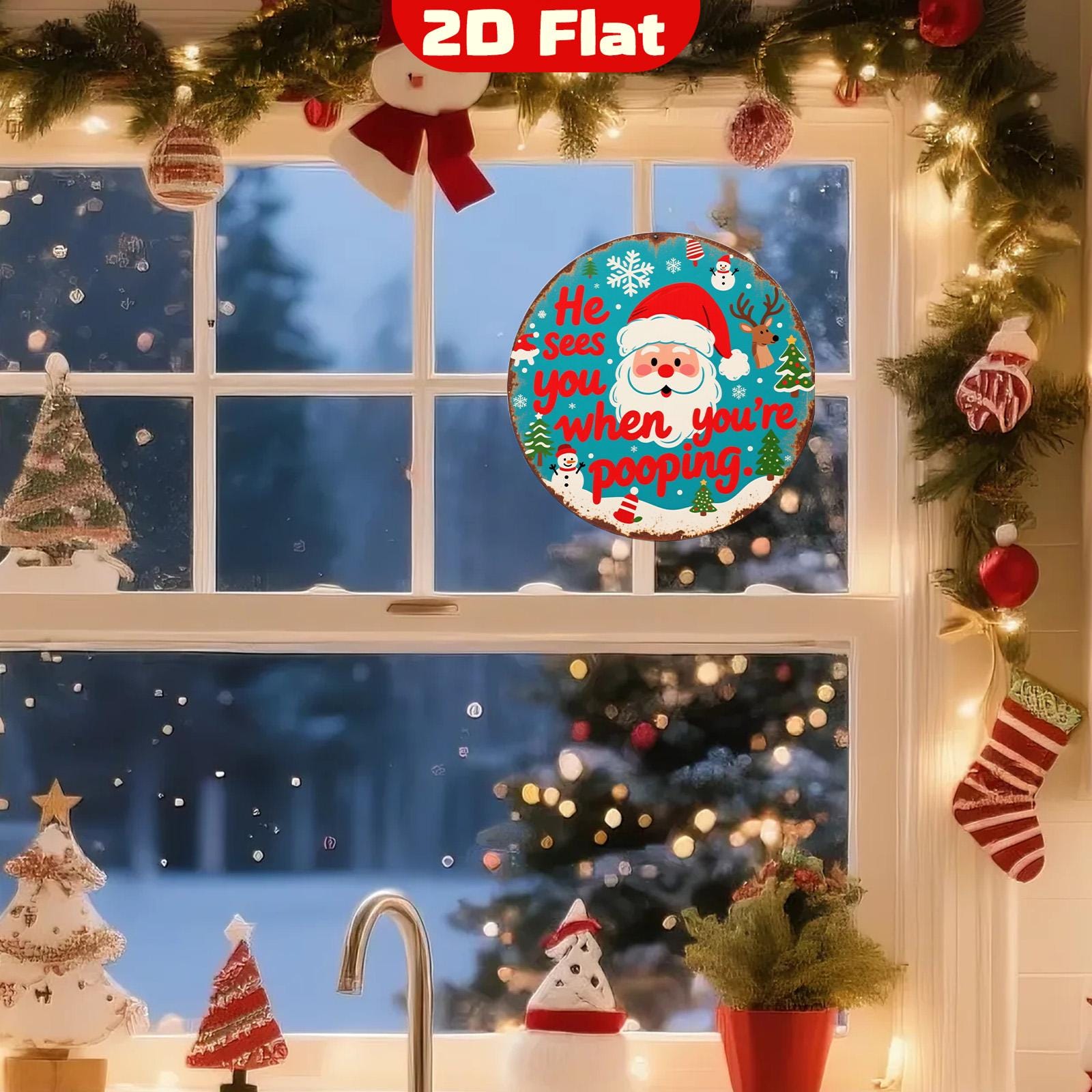 Funny Santa Bathroom Sign: Festive Holiday Metal Wall Art Decor