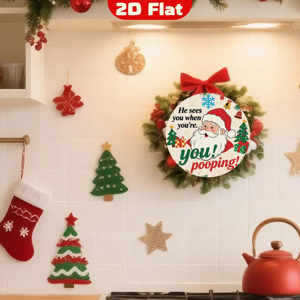 Funny Santa Pooping Metal Sign: Festive Holiday Bathroom Decor