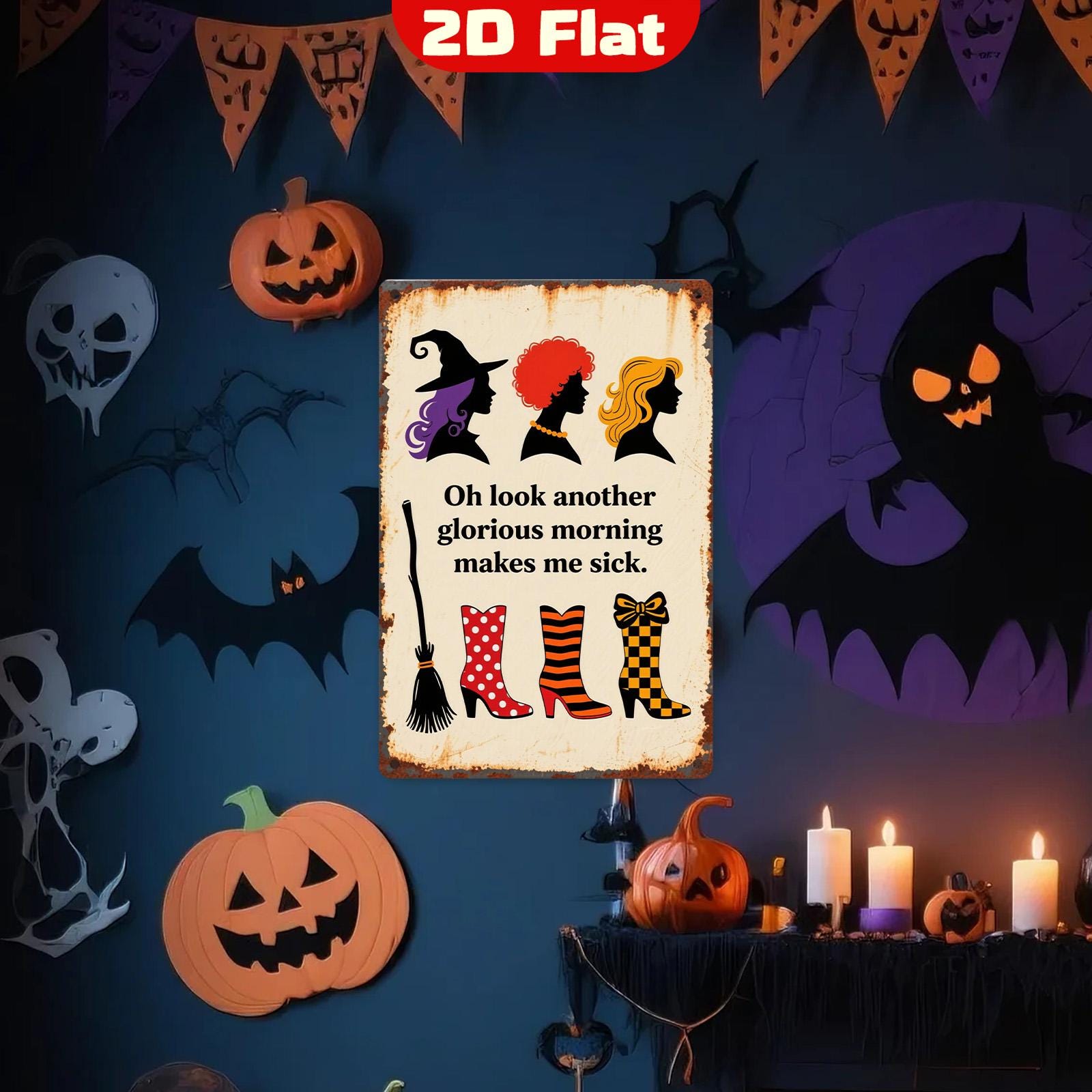 Vintage Halloween Metal Sign: Witch Silhouettes & Boots Rustic Wall Art