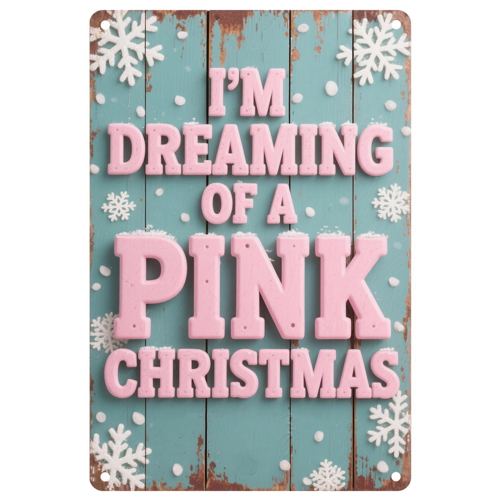 Vintage Pink Christmas Metal Sign: Aqua Blue Snowflakes, Rustic Wall Art
