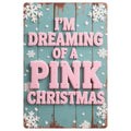 Vintage Pink Christmas Metal Sign: Aqua Blue Snowflakes, Rustic Wall Art