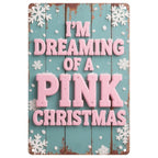 Vintage Pink Christmas Metal Sign: Aqua Blue Snowflakes, Rustic Wall Art