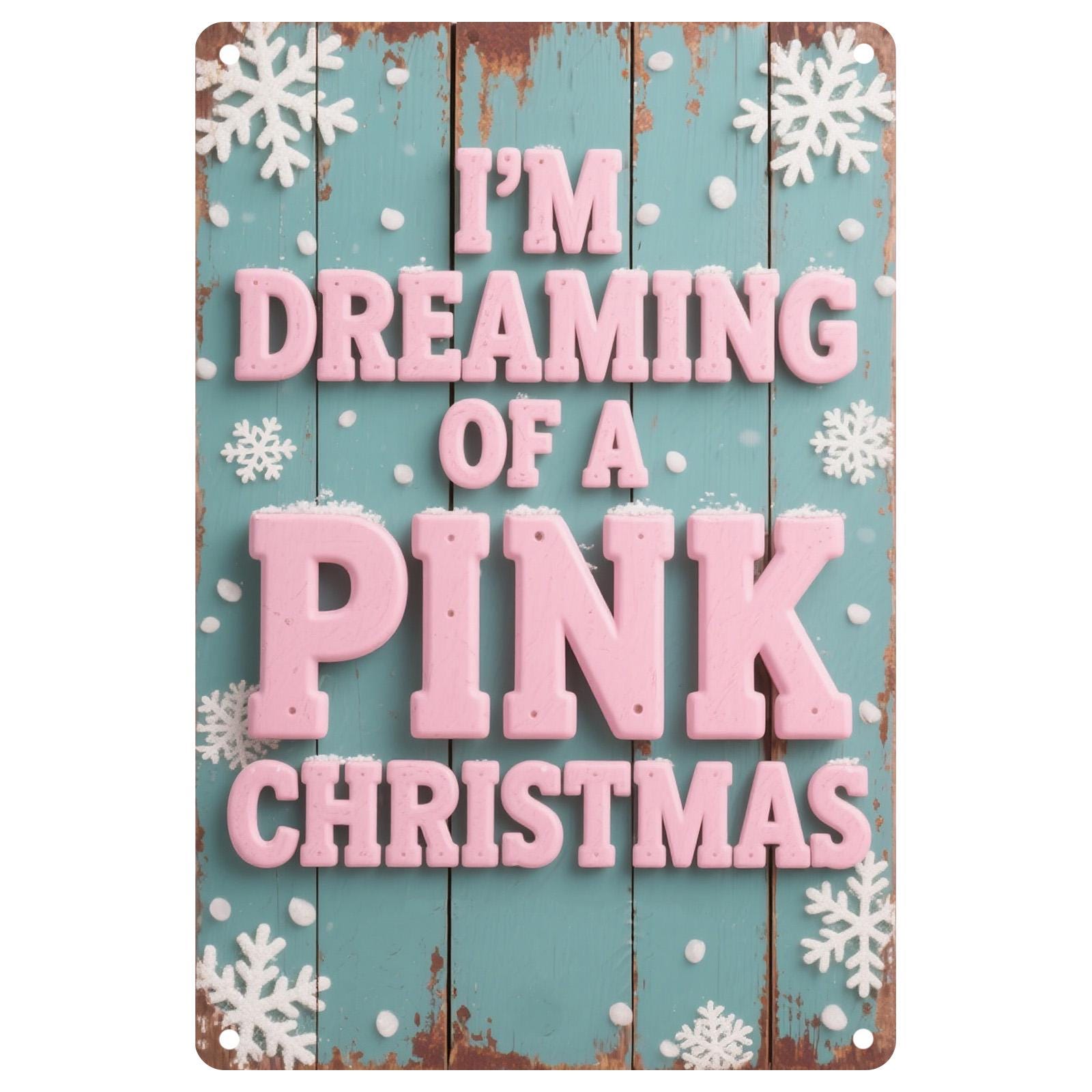Vintage Pink Christmas Metal Sign: Aqua Blue Snowflakes, Rustic Wall Art