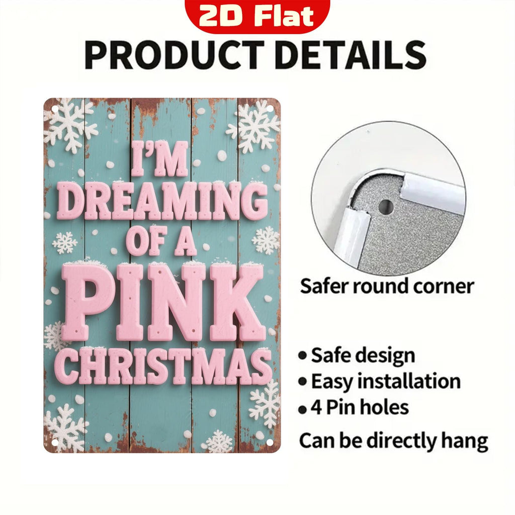 Vintage Pink Christmas Metal Sign: Aqua Blue Snowflakes, Rustic Wall Art