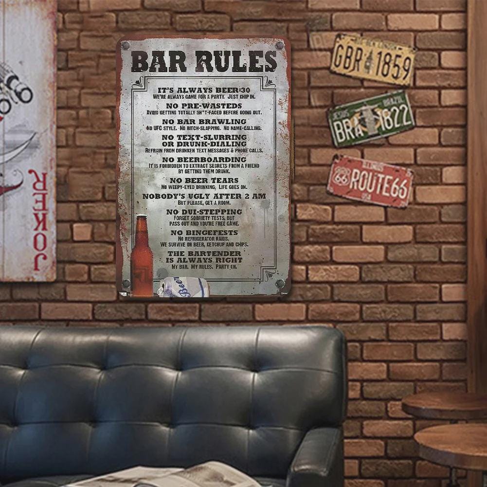 Bar Rules Metal Sign: Funny Vintage Pub Decor