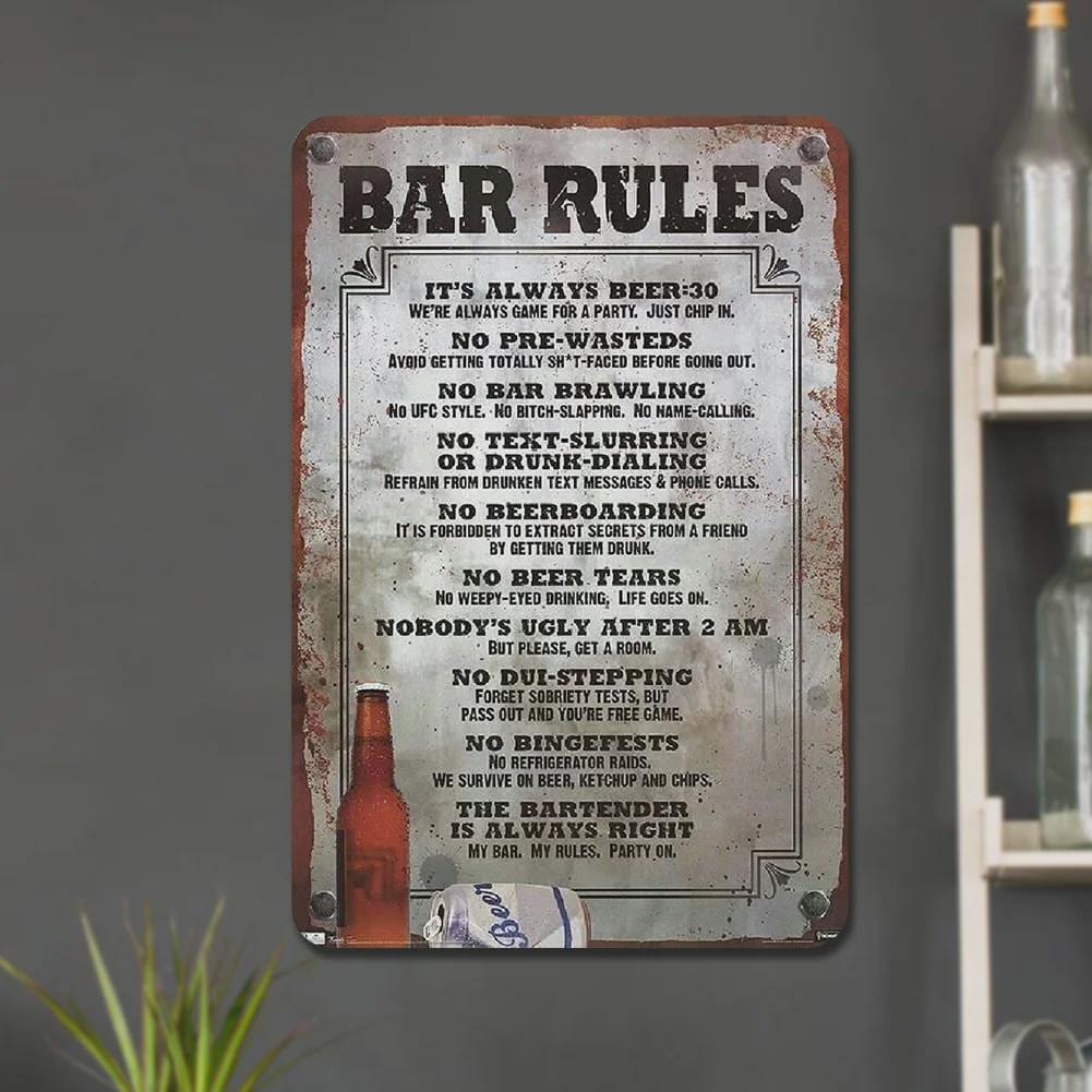Panneau en métal Règles du bar | Décoration pub vintage amusante