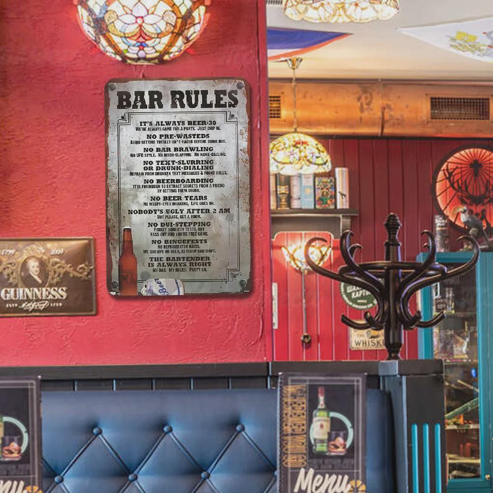 Panneau en métal Règles du bar | Décoration pub vintage amusante