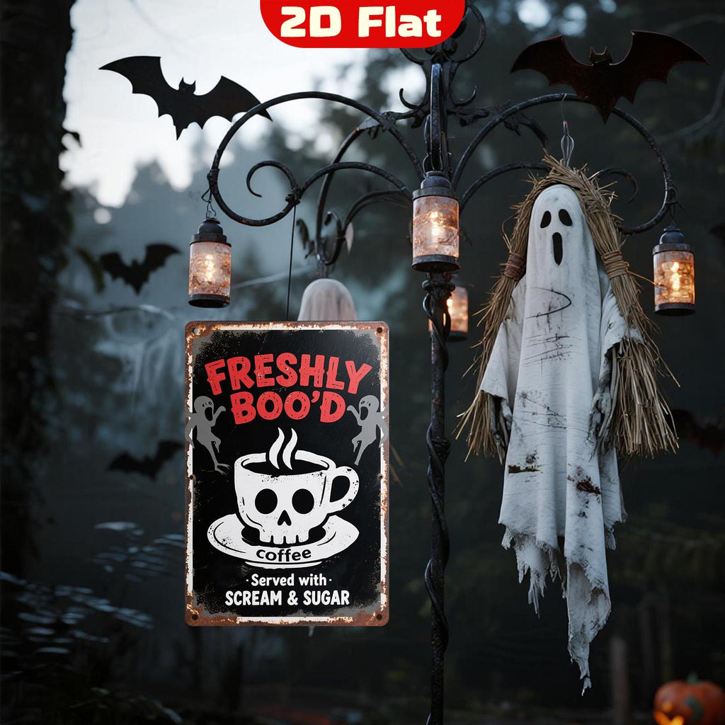 Halloween Metallschild | Frisch Geisterte KaffeeVintage Rustikale Küchendekoration