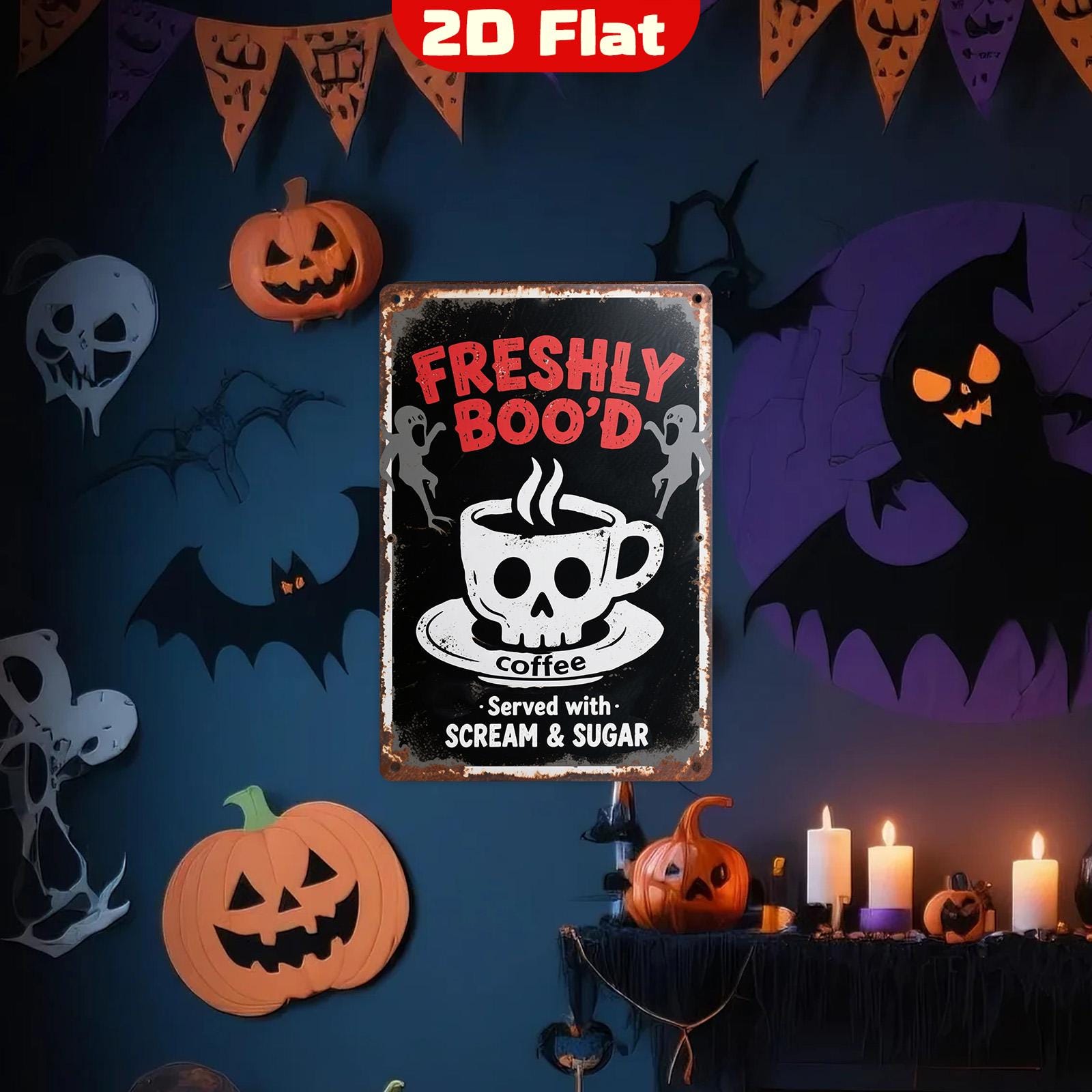 Halloween Metal Sign: Freshly Boo'd Coffee, Vintage Rustic Kitchen Decor