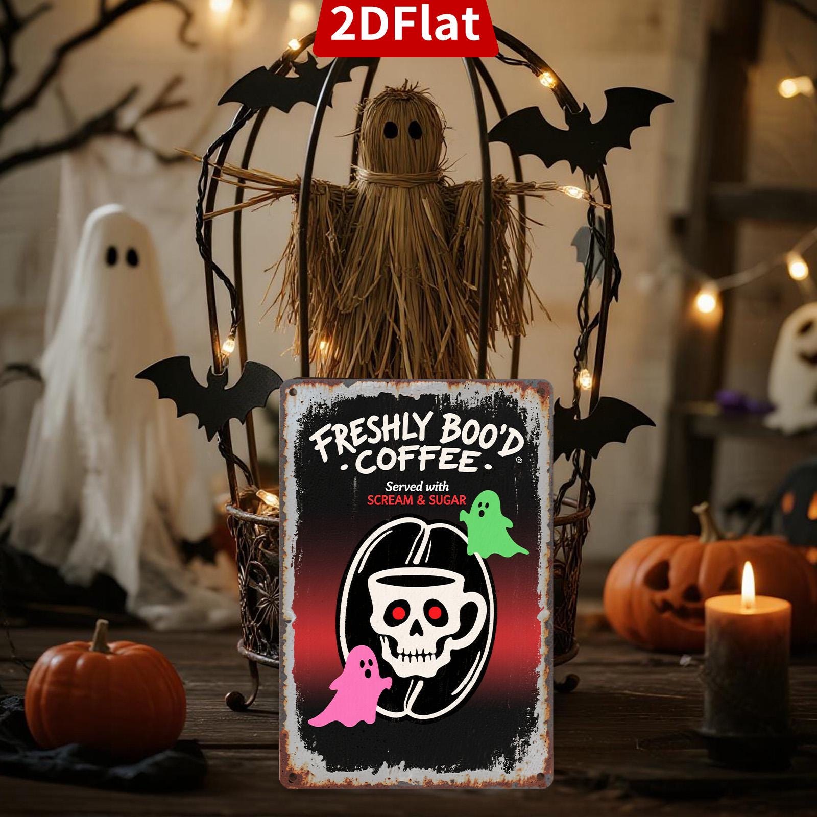 Halloween Coffee Metal Sign: Freshly Boo'd, Vintage Rustic Kitchen Decor