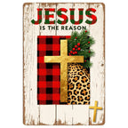 Jesus Weihnachts-Metallschild | Religiöses Plaid-Kreuz Wandkunst