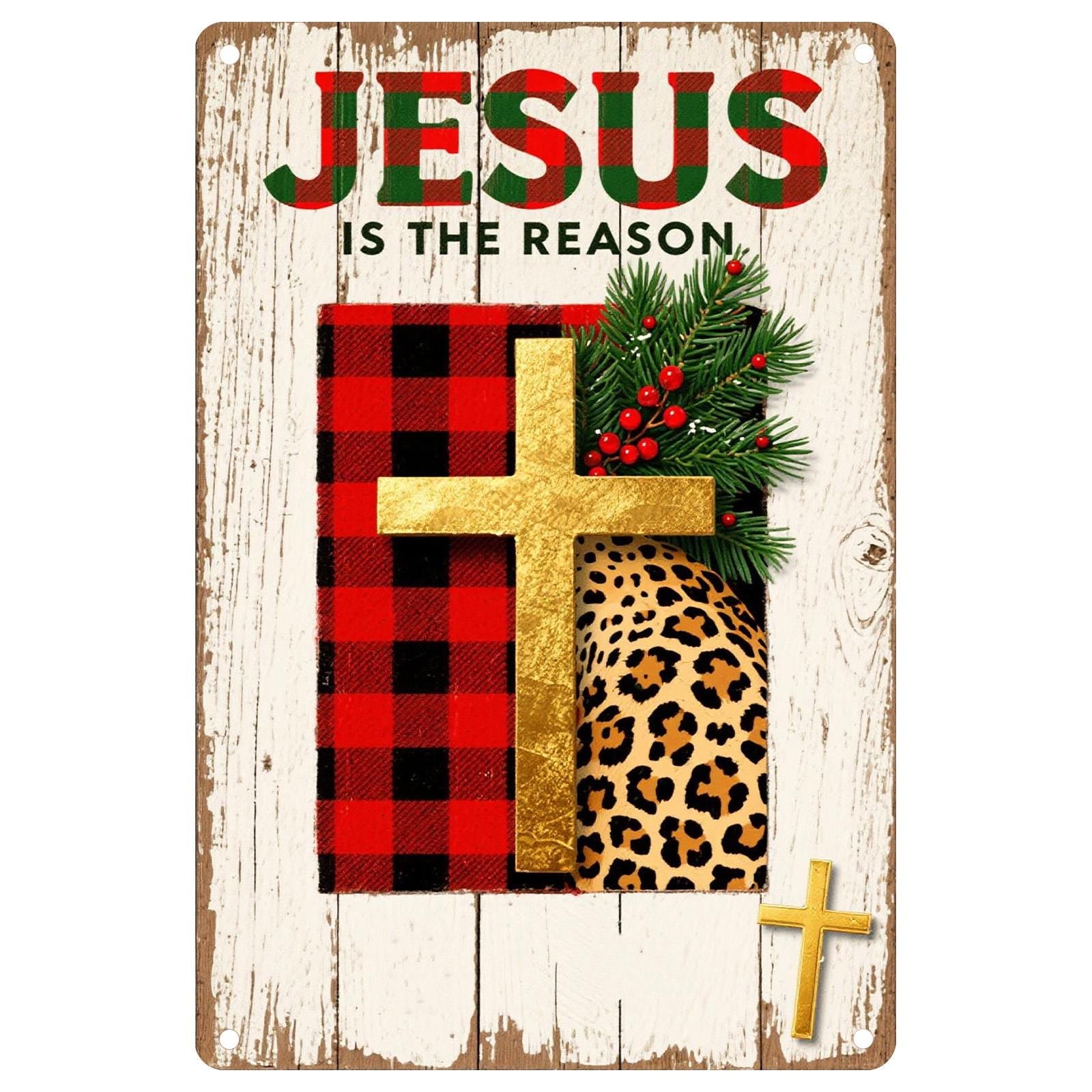 Jesus Christmas Metal Sign: Religious Plaid Cross Wall Art