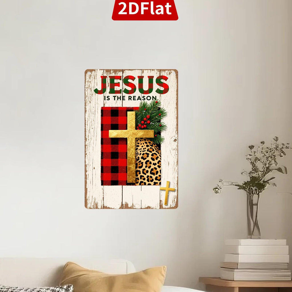 Jesus Christmas Metal Sign: Religious Plaid Cross Wall Art