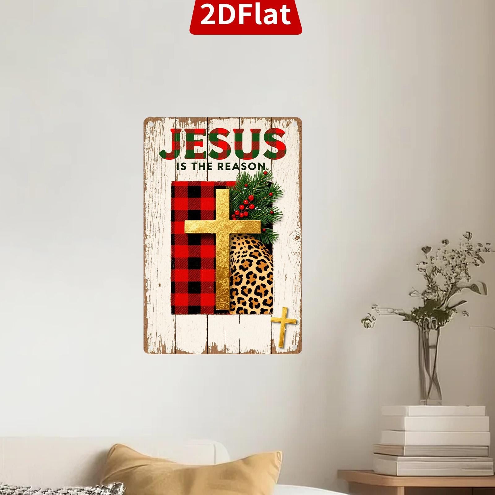 Jesus Christmas Metal Sign: Religious Plaid Cross Wall Art