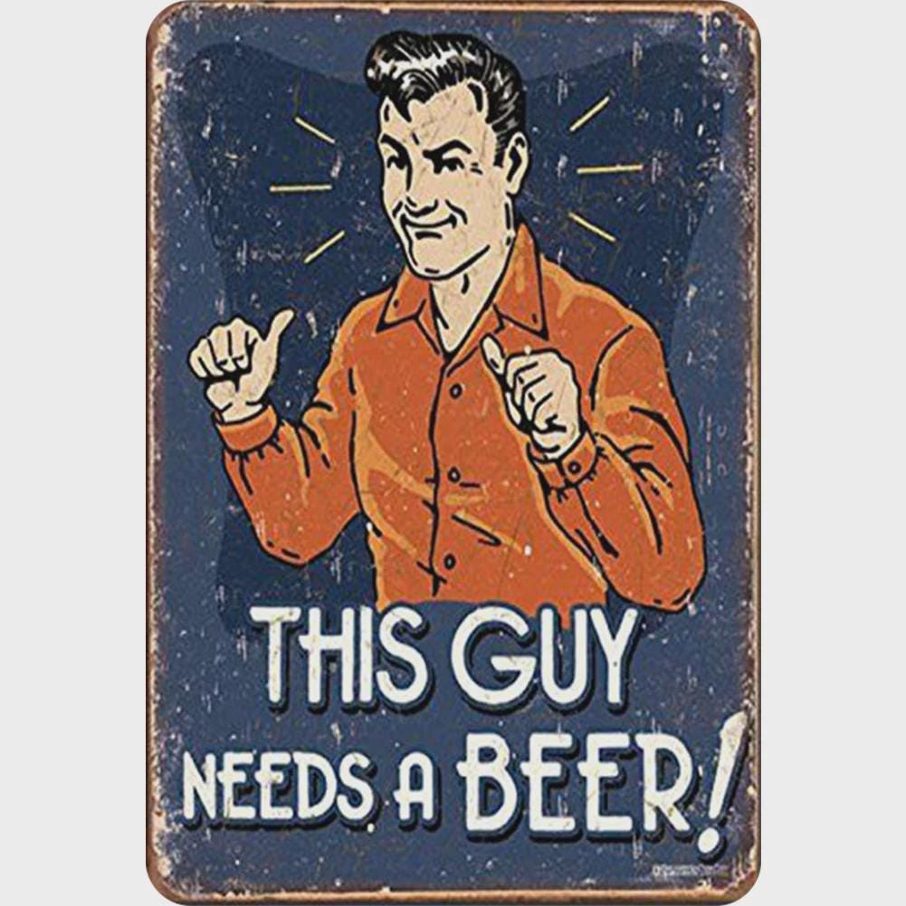 Funny "This Guy Needs a Beer" Vintage Metal Sign: Bar, Man Cave Decor