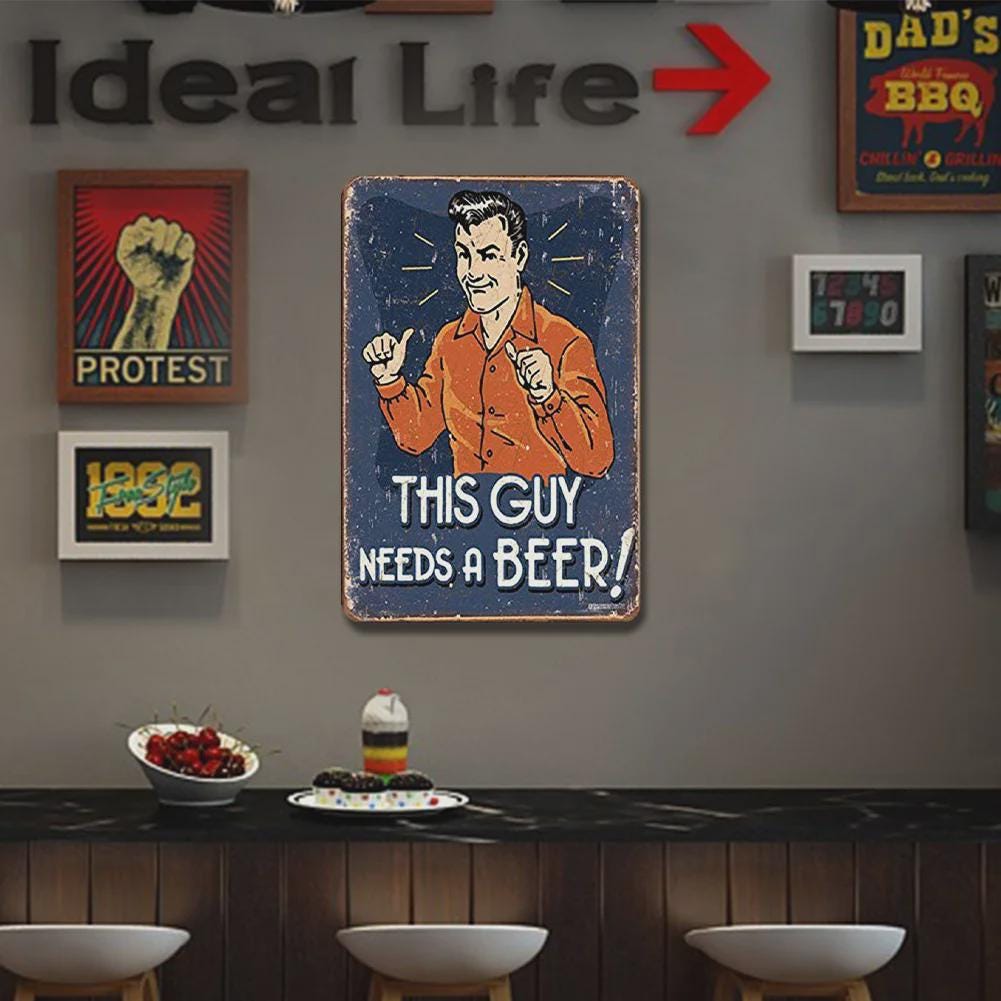 Funny "This Guy Needs a Beer" Vintage Metal Sign: Bar, Man Cave Decor
