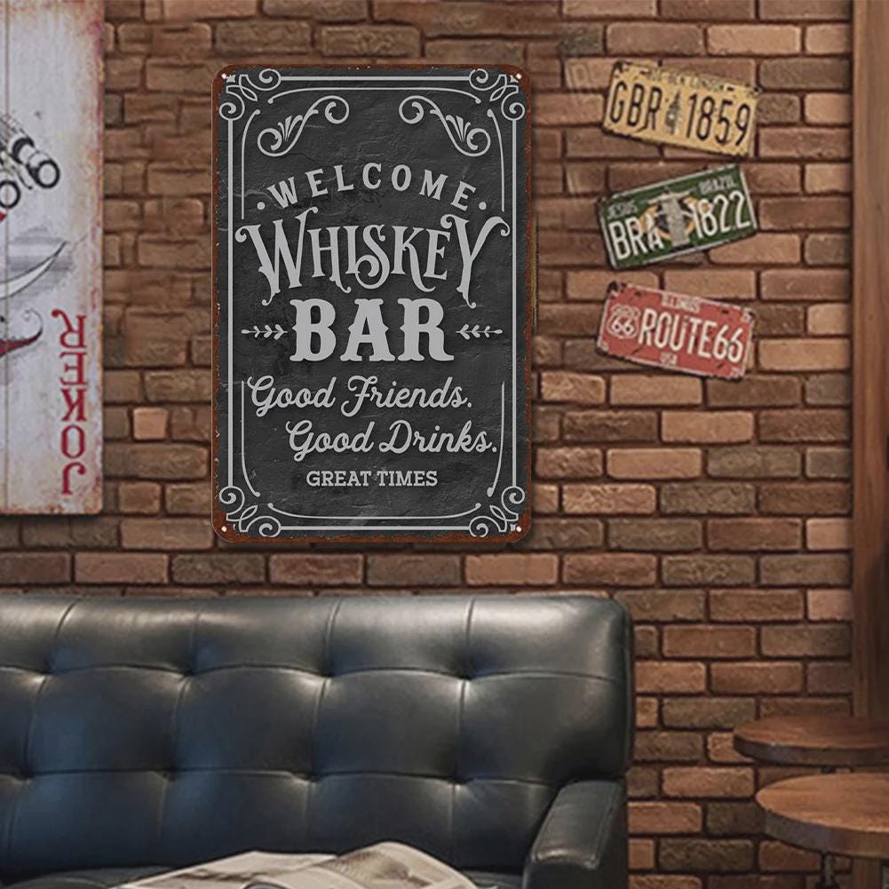 Vintage Whiskey Bar Metal Sign: Retro Man Cave Decor