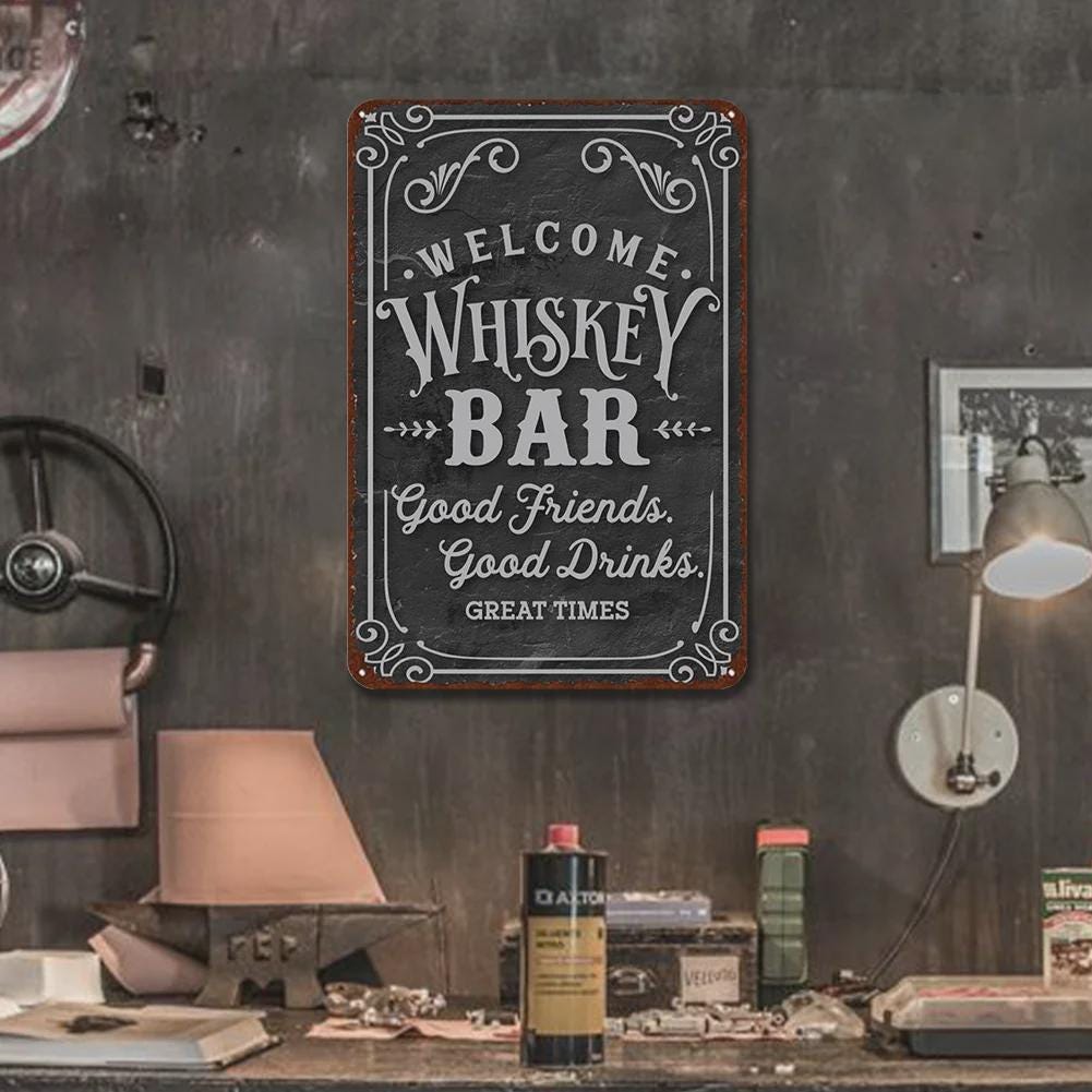 Vintage Whiskey Bar Metal Sign: Retro Man Cave Decor