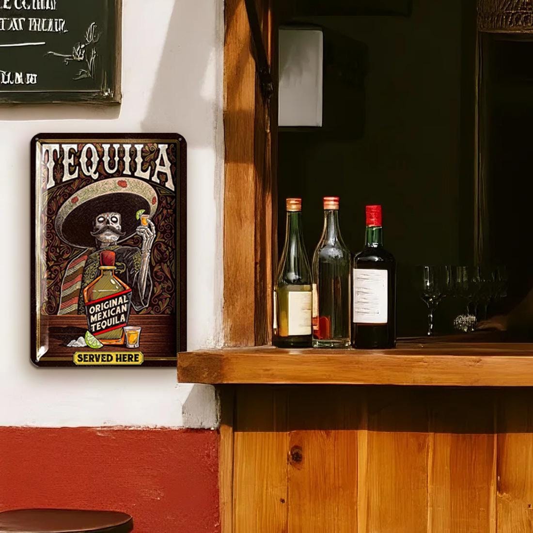 Vintage Tequila Metal Sign: Mexican Skeleton Bar Decor