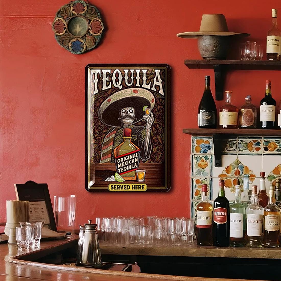 Vintage Tequila Metal Sign: Mexican Skeleton Bar Decor