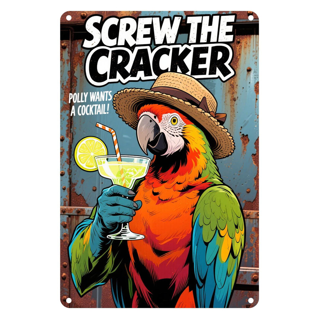 Funny Parrot Cocktail Metal Sign: Retro Tropical Bar Decor