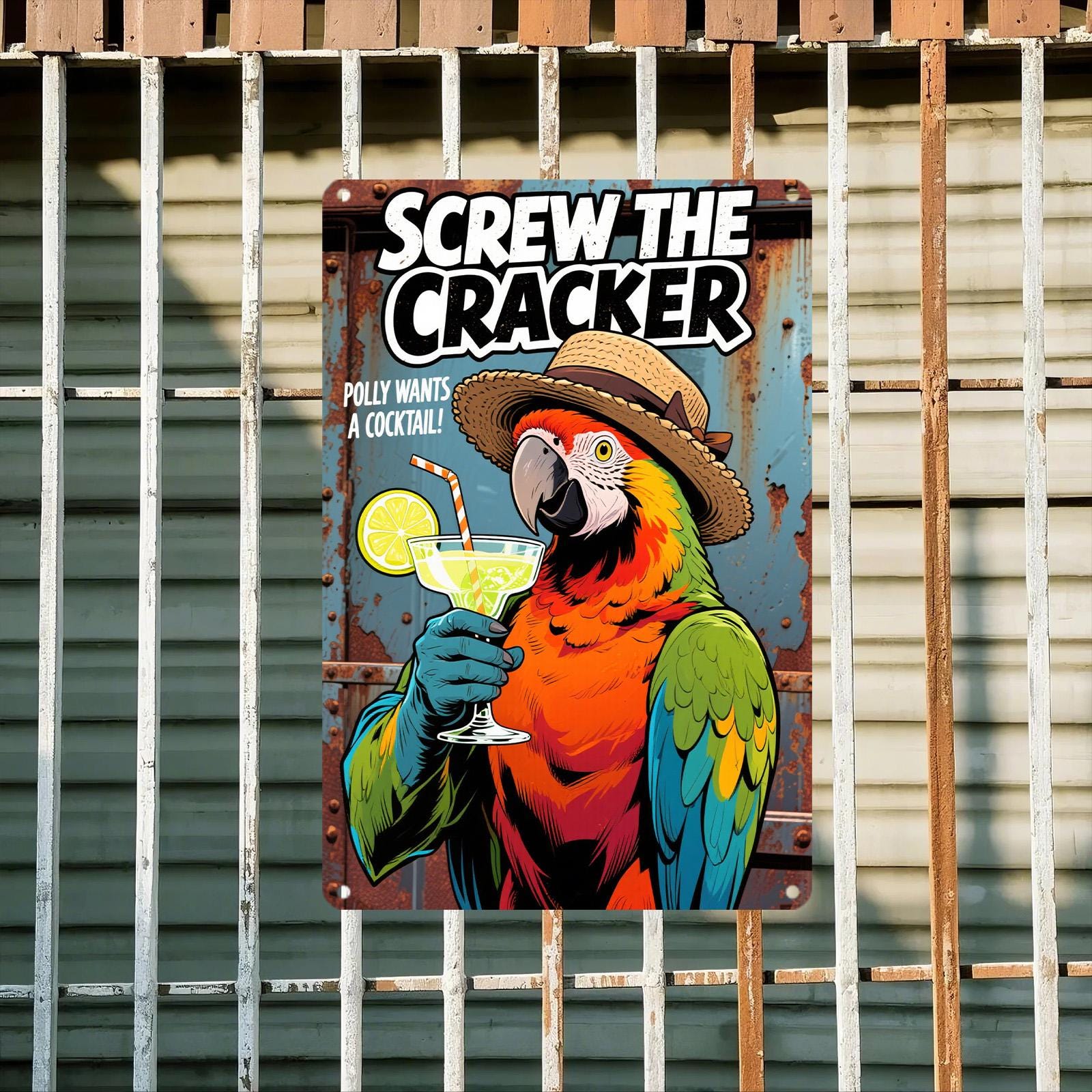 Funny Parrot Cocktail Metal Sign: Retro Tropical Bar Decor