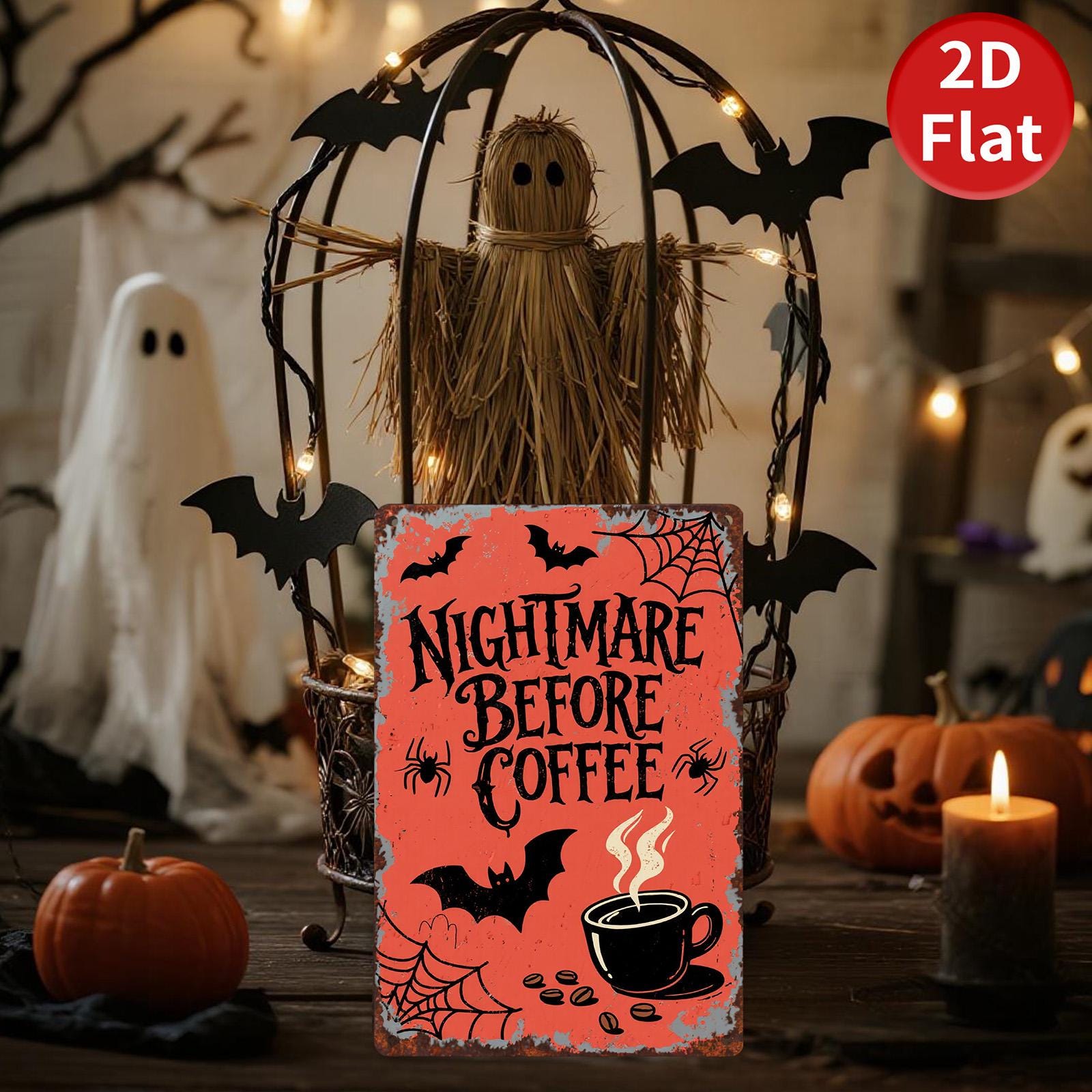 Nightmare Before Coffee Metal Sign: Spooky Halloween Decor