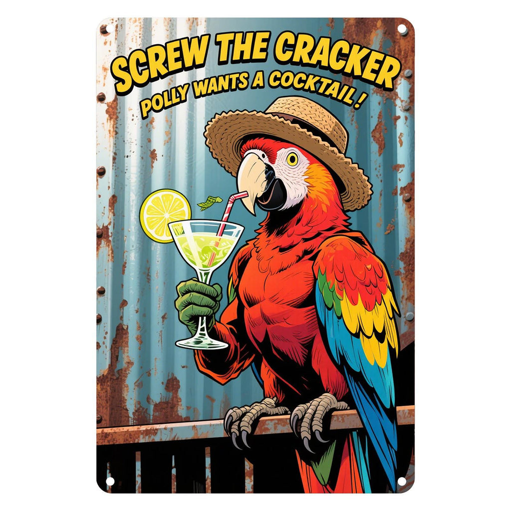 Funny Parrot Cocktail Metal Sign: Tropical Bar Decor