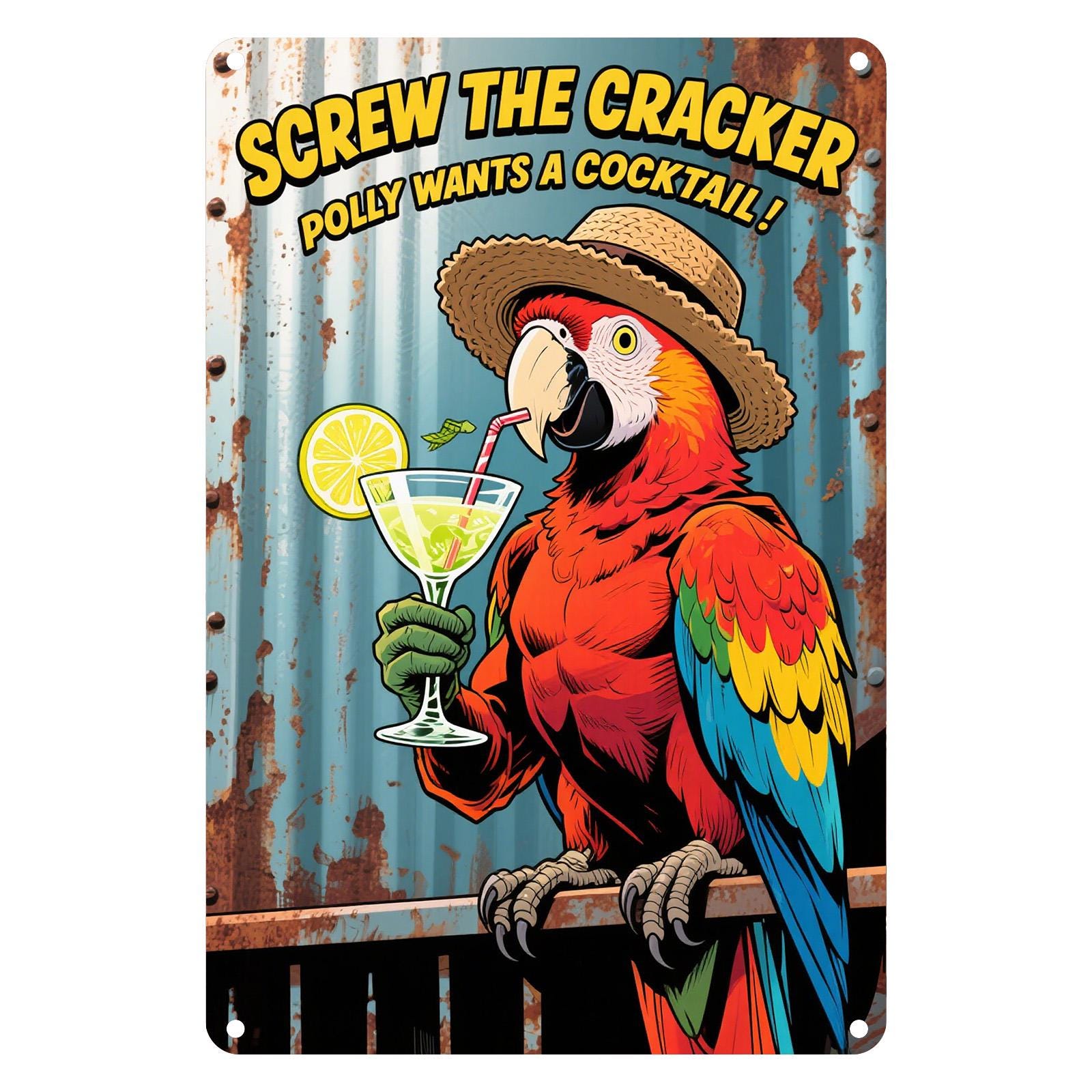 Funny Parrot Cocktail Metal Sign: Tropical Bar Decor