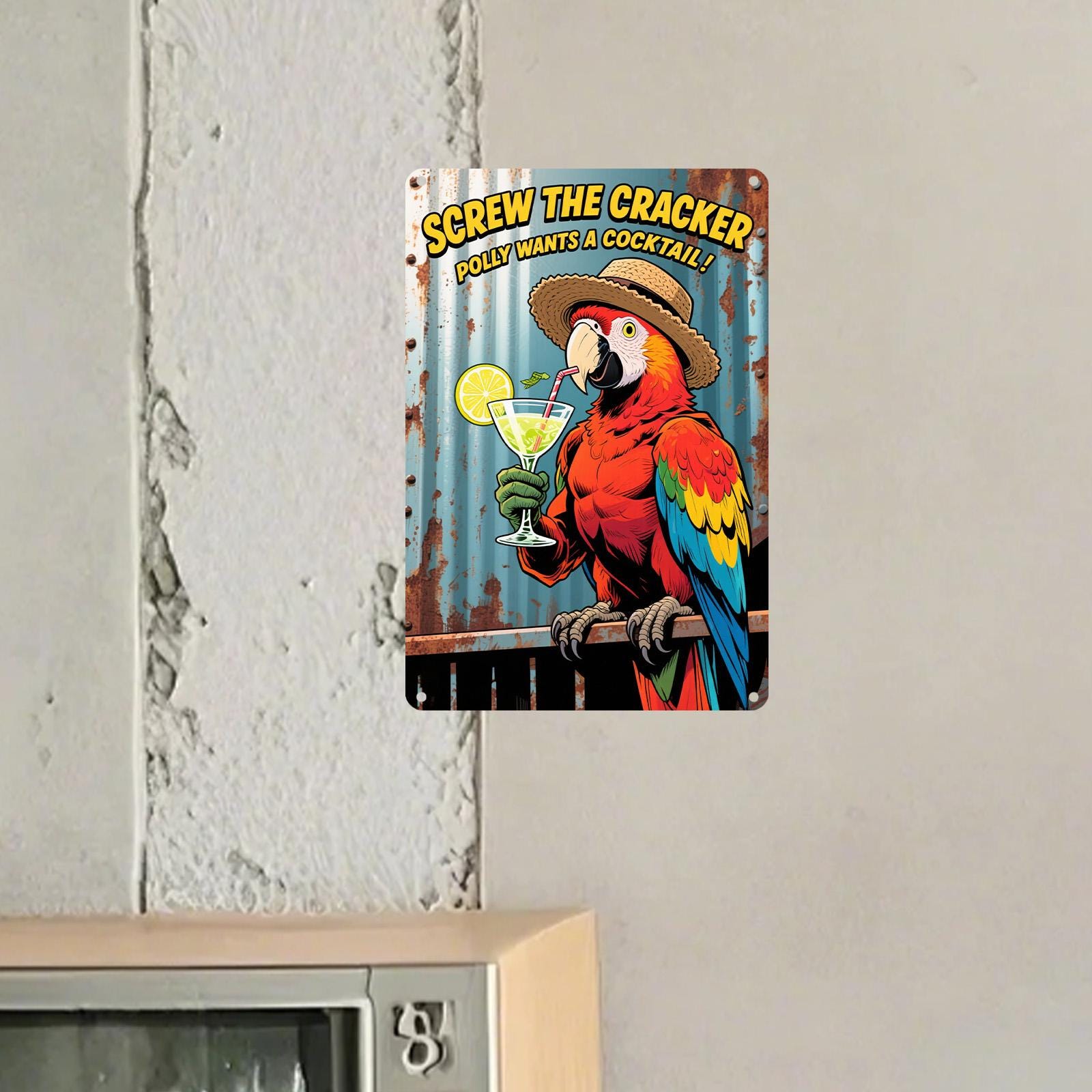 Funny Parrot Cocktail Metal Sign: Tropical Bar Decor