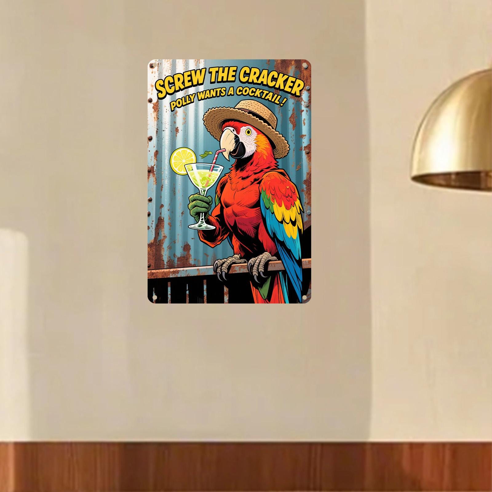 Funny Parrot Cocktail Metal Sign: Tropical Bar Decor