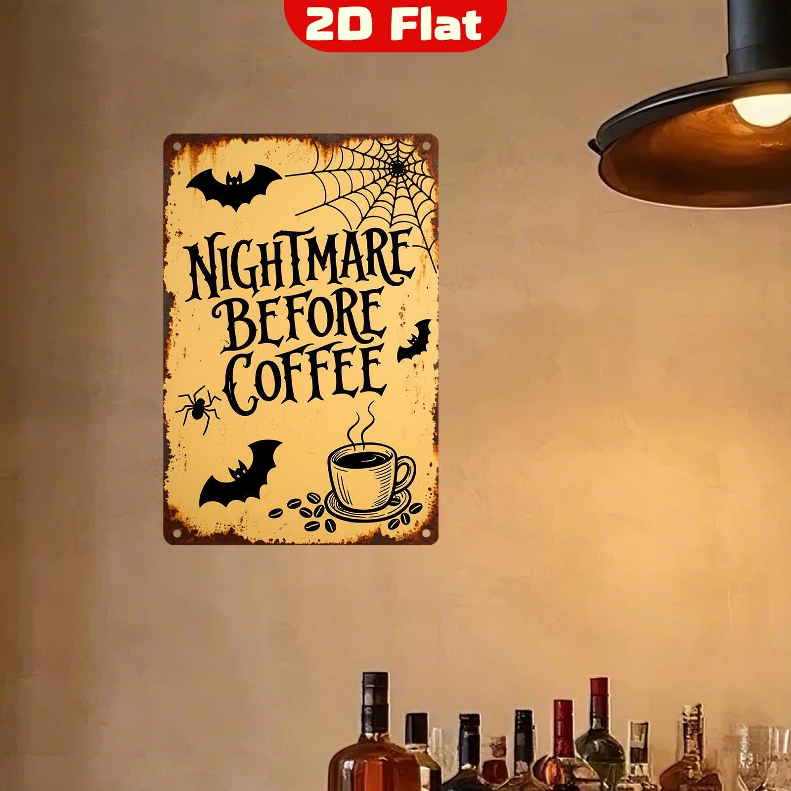 Panneau métallique vintage Nightmare Before Coffee | Décoration d'Halloween, Chauves-souris et toile d'araignée