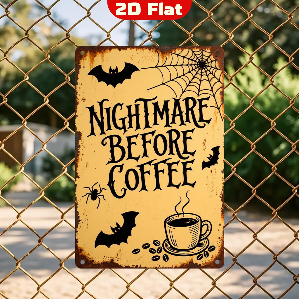 Panneau métallique vintage Nightmare Before Coffee | Décoration d'Halloween, Chauves-souris et toile d'araignée