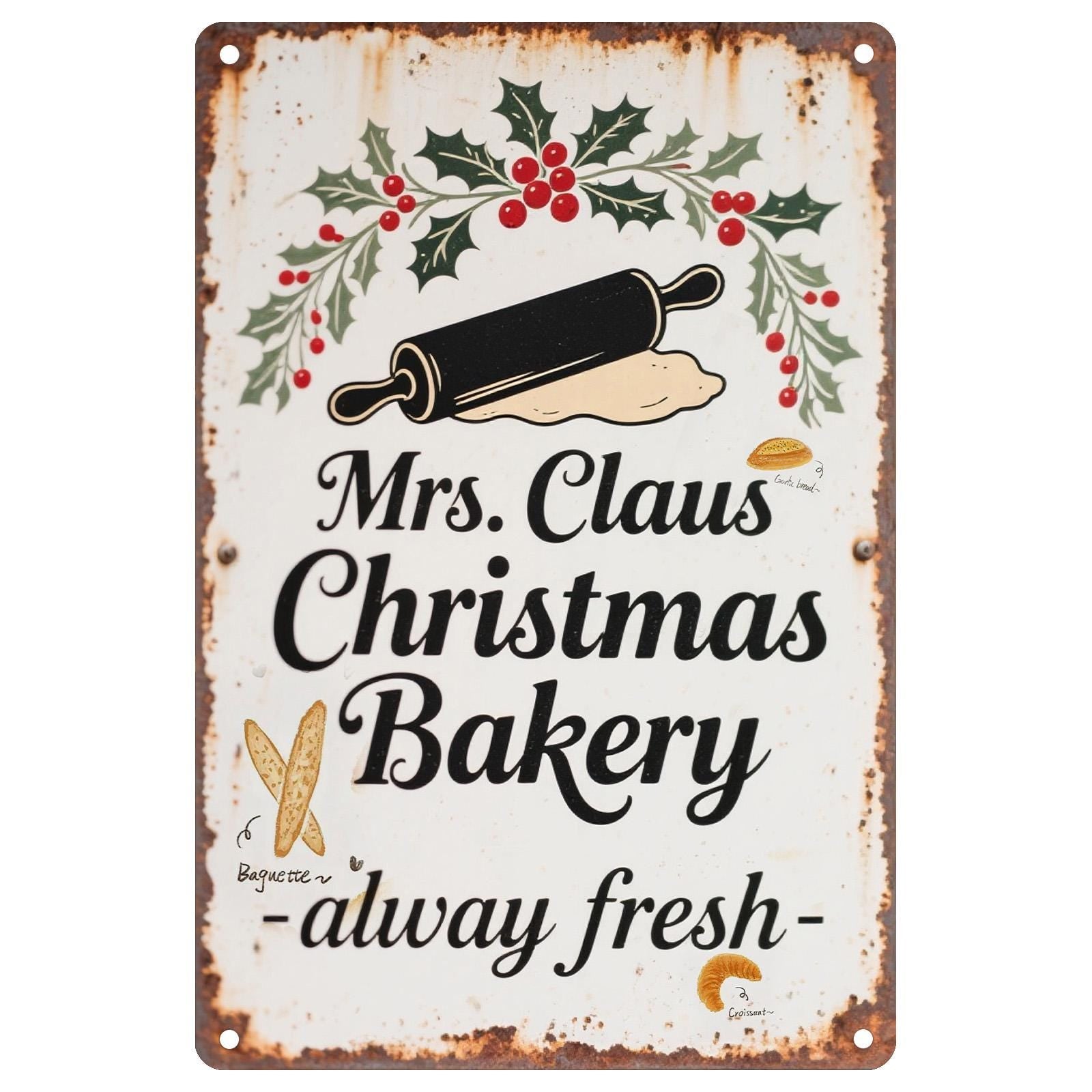 Pancarte métallique vintage « Mrs. Claus Bakery » | Décoration de Noël rustique pour maison de campagne