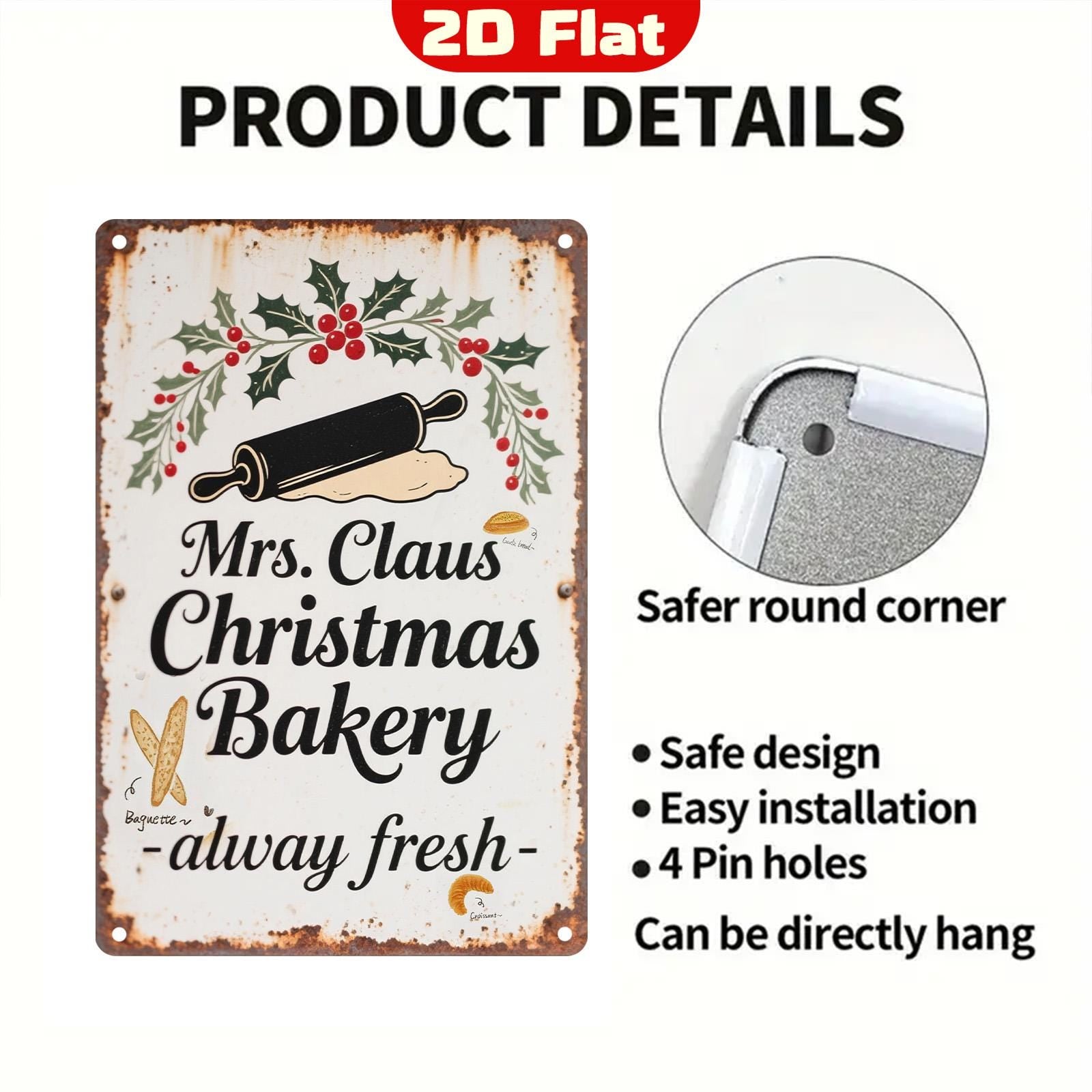 Pancarte métallique vintage « Mrs. Claus Bakery » | Décoration de Noël rustique pour maison de campagne