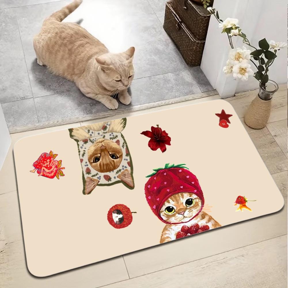 Strawberry Hat Kitten Floor Mat – Non-Slip Nursery Rug