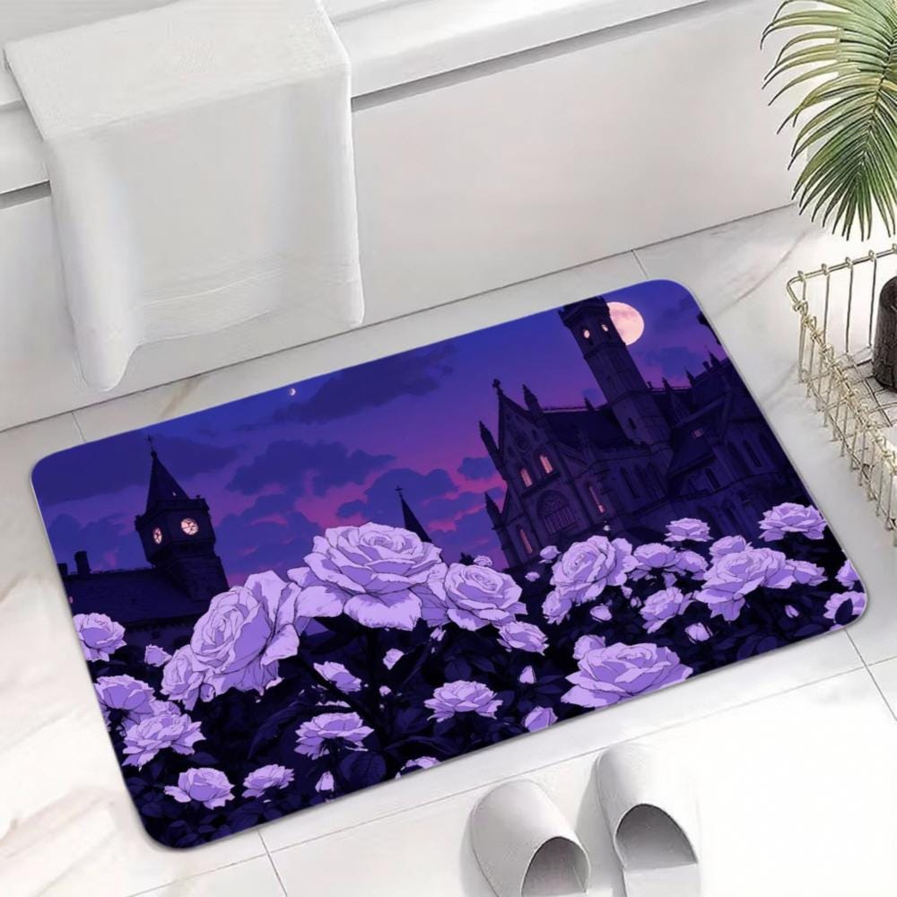 Gothic Castle Floor Mat – Moonlit Purple Roses, Non-Slip Entry Rug