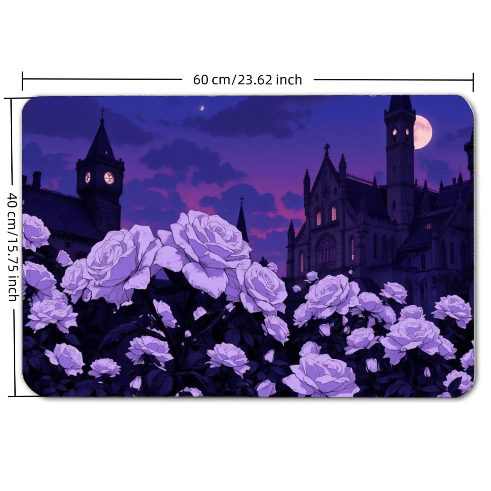 Gothic Castle Floor Mat – Moonlit Purple Roses, Non-Slip Entry Rug